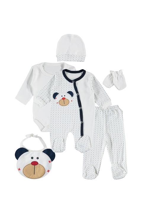 Ponpon Baby Unisex Bebek Beyaz Ayıcıklı - 6 Parça Penye Yeni Doğan Seti