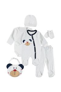 Ponpon Baby Unisex Bebek Beyaz Ayıcıklı - 6 Parça Penye Yeni Doğan Seti