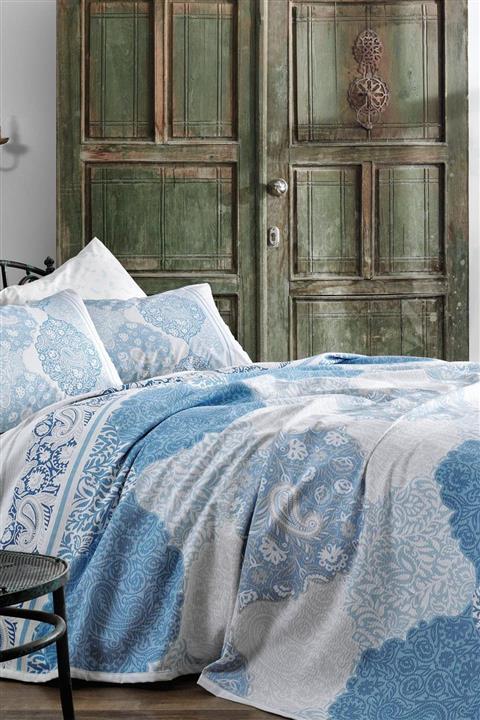 Taç Baskılı Tek Kişilik Pike Takımı - Aryan Mavi