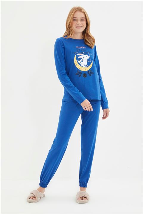 TRENDYOLMİLLA Saks Baskılı Örme Pijama Takımı THMAW22PT0745