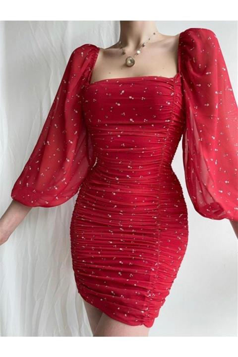 PARTİSYONLİNE Kırmızı Çiçek Desenli Drapeli Elbise