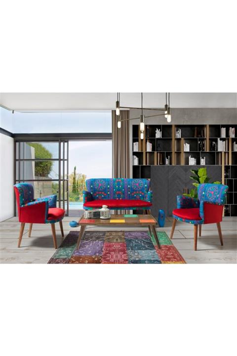 PİAEVİ Hawana Etnik Desen Kırmızı Sehpalı Çay Seti (balkon, Salon, Ofis, Cafe) 2+1+1