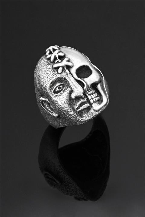 Apptakı Iki Yüzlü Hayalet Kuru Kafa Yaralı Yüz Ayarlanabilir Erkek Yüzük - Yüz0003