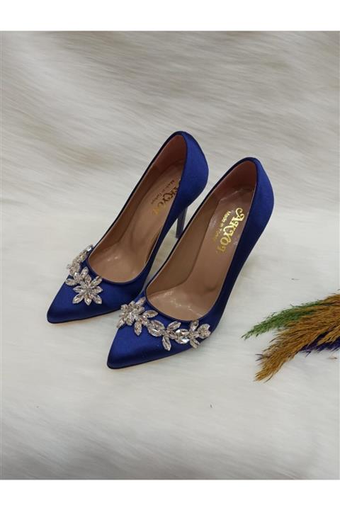 HAVVA SHOES Kadın Saks Mavi Taşlı İnce Topuklu Stiletto