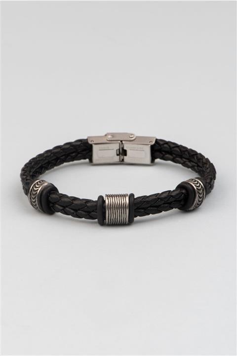 So CHIC... Metal Detaylı Siyah Deri 19 Cm Çelik Erkek Bileklik