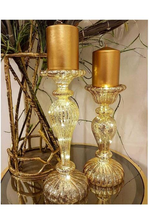 KIRAT HOME DESIGN Şık 2'lü Gold Led'li Şamdan