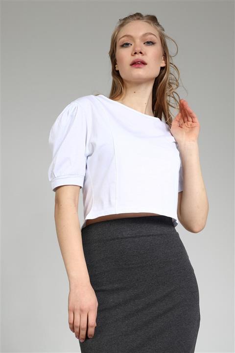 Masorte Kadın Beyaz Sırt Dekolteli Fermuarlı T-shirt 100% Pamuk