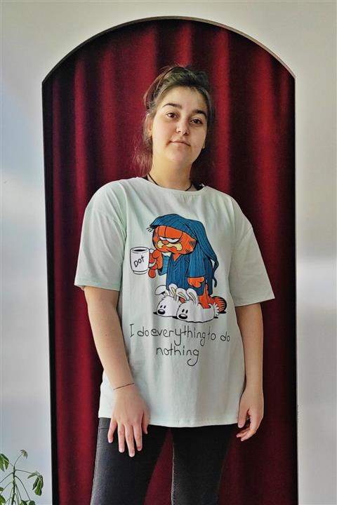 KÜBÜŞ BUTİK kadın Yeşil Garfield Baskılı T-shırt