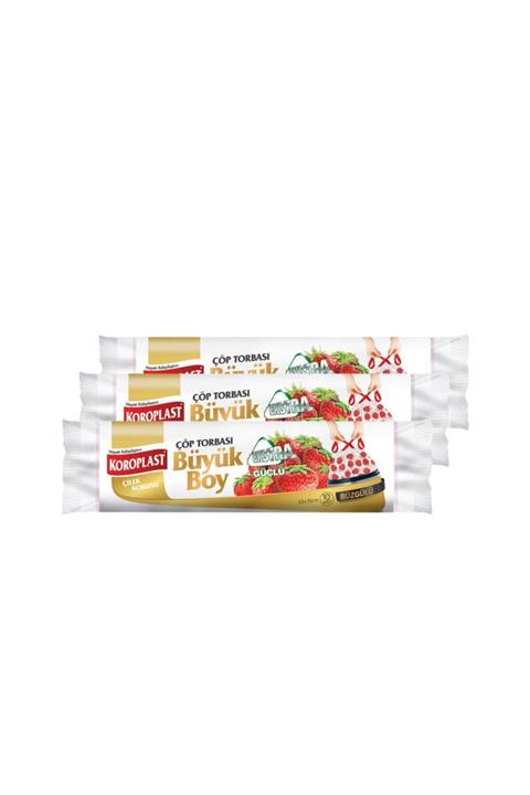 Koroplast Ekstra Güçlü Büyük Boy Çilek Kokulu Büzgülü Çöp Torbası 65x70cm - 10'lu X 3 Adet Avantajlı