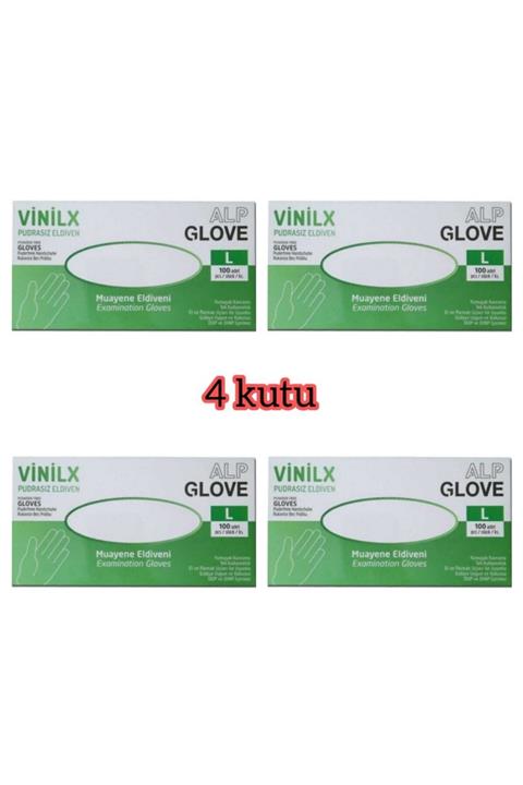 Alp Glove Krem Eldiven Pudrasız Vinilix Eldiven 100 Adet X 4 Kutu Şeffaf L Beden