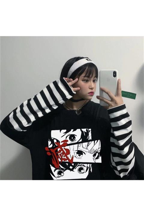 Köstebek Anime Demon Slayer: Eyes Çizgili Kollu Unisex T-shirt