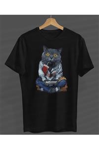 NOVUMUS Unisex Game Play Kedi Özel Tasarım Siyah Yuvarlak Yaka T-shirt