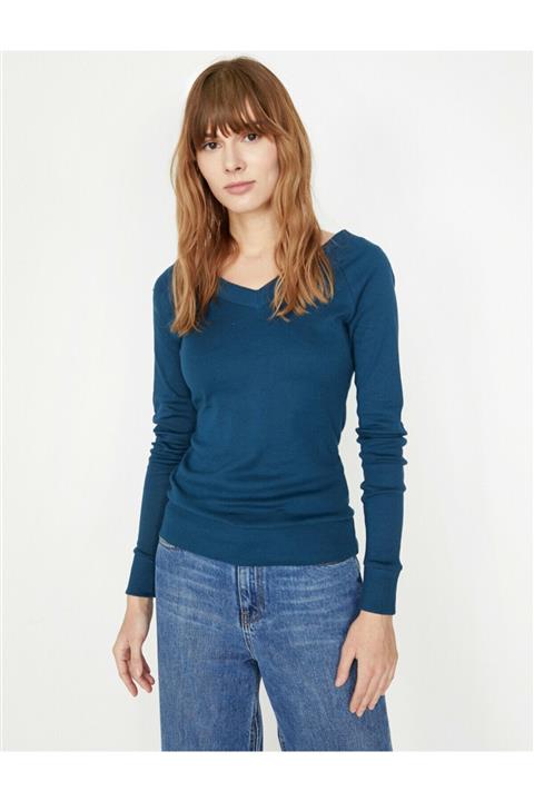 Koton Kadın Mavi V Yaka T-Shirt