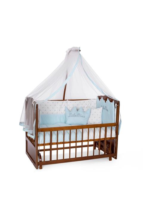 Heyner Ahşap Beşik Anne Yanı Beşik Sallanır Beşik Ceviz 60x120 + Mavi Prens Uyku Seti + Yatak