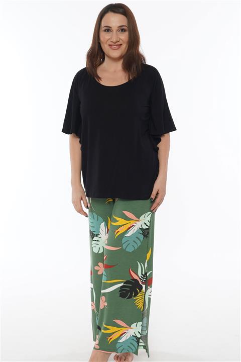 VİENETTA Kadın Lycralı Worteks Yarasa Kol Büyük Beden Siyah Pijama Takım