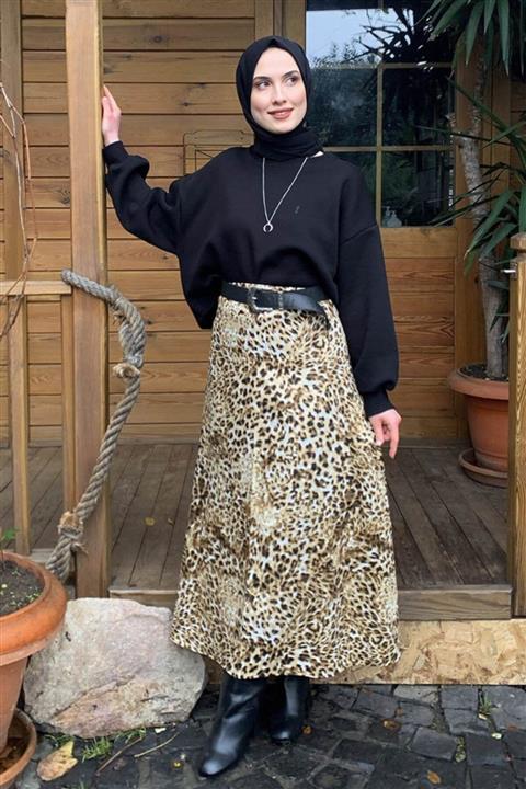 Ceylan Otantik Kahve Leopar Pamuk Saten Etek