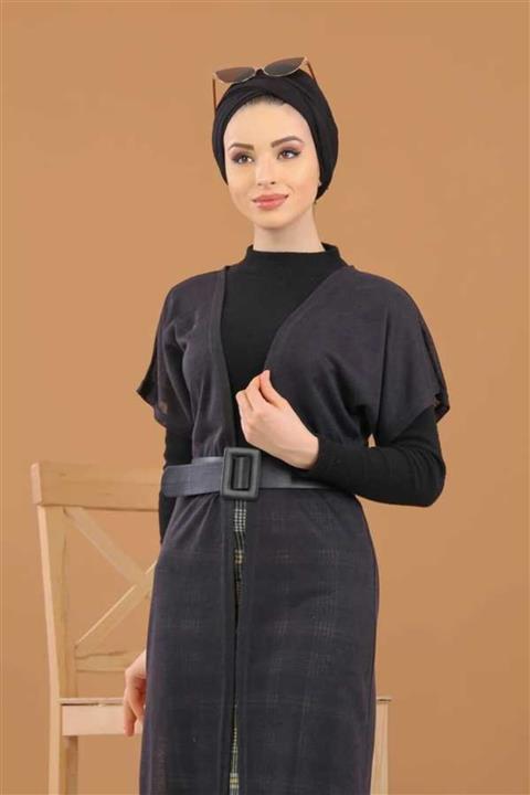 Moda Çizgi Tesettür Yelek Etek Kombin Siyah - 8296