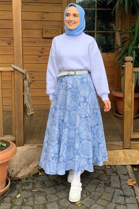 Ceylan Otantik Mavi Nakış Desen Etek