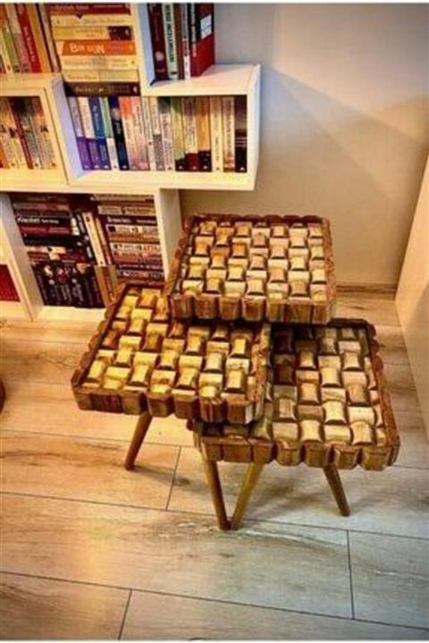 menalART Ağaç Tasarım Ağaç Zigon Üçlü Set Kare Masif Ahşap Sehpa Paris Serisi