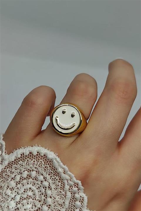 AyKara Kadın Altın Kaplama Gülen Yüz Smile Beyaz Ayarlanabilir Yüzük