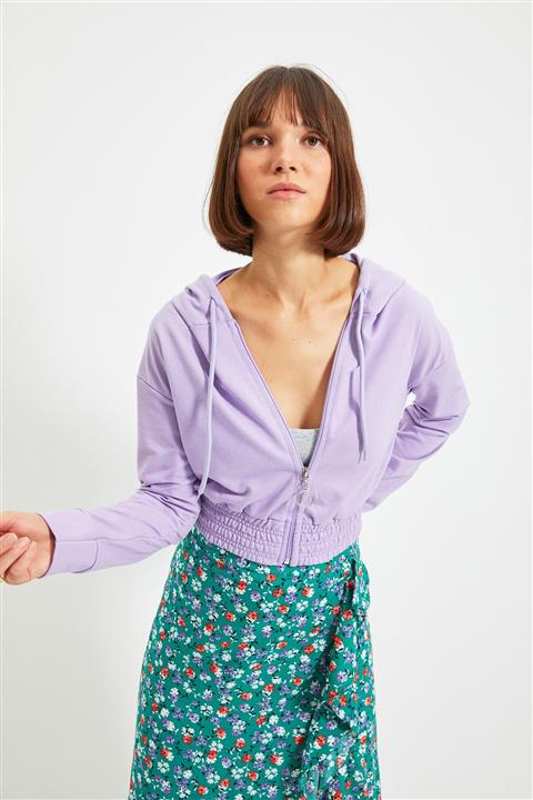 TRENDYOLMİLLA Lila Fermuarlı Crop Kapüşonlu Örme İnce Sweatshirt TWOAW22SW0175