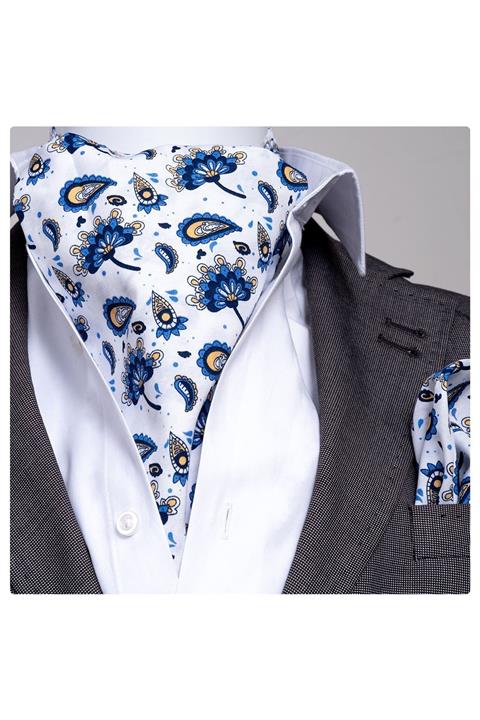 Exve Exclusive Beyaz Mavi Şal Desenli Erkek Fular Mendil Seti