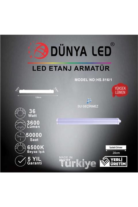 DÜNYA LED Hs.816/1 36w Led Etanj Armatür Ip65 6500k Beyaz Işık