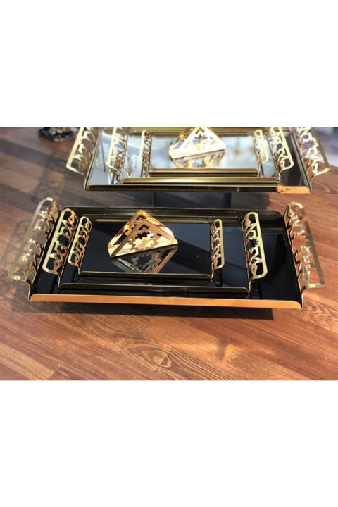 Miazze 4 Parça Cnc Kesim Metal Aynalı Sunum Tepsi Seti Gold Siyah