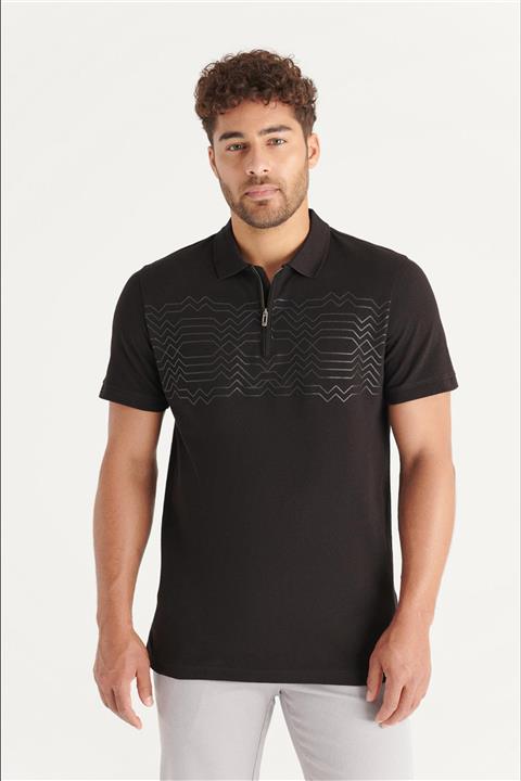 Avva Erkek Siyah Polo Yaka Yarım Fermuarlı Baskılı T-shirt A11y1152