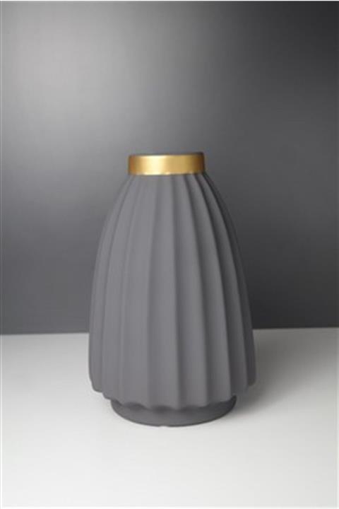 Joy Home Mat Füme Gold Detaylı Seramik Vazo 24 Cm