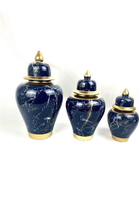 trend dekor Dekoratif 3'lü Şah Küp Mermer Desen Gece Mavisi