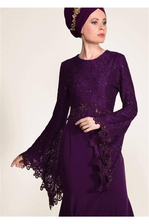 TRENDTESETTÜR Güpür Detaylı Balık Abiye Elbise 49625