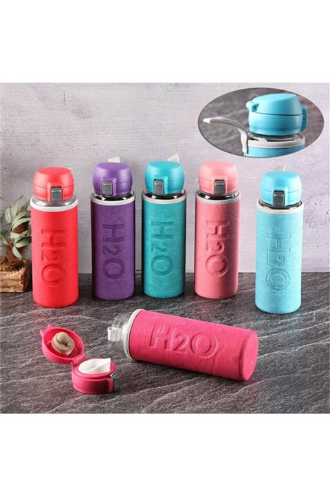 ELMADALI Deri Kılıflı Cam Matara Kilitli Kapak 500ml