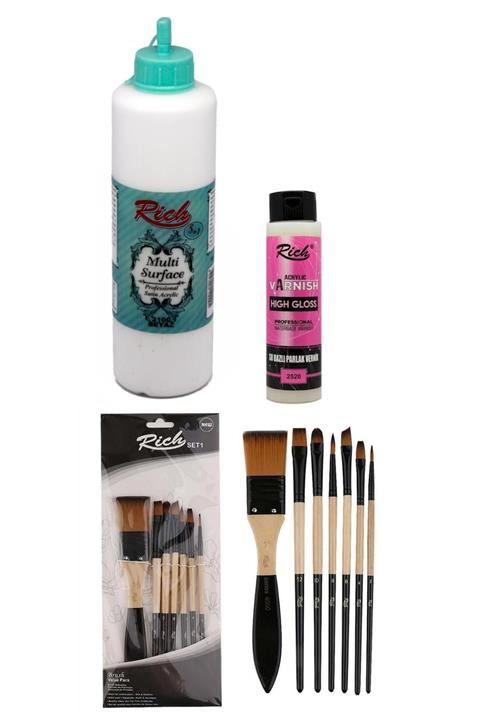 Rich Beyaz Boya Multi Surface 500 Cc. Karışık Fırçalı Akrilik Set Ve Su Bazlı Parlak Vernik (130 Ml.)