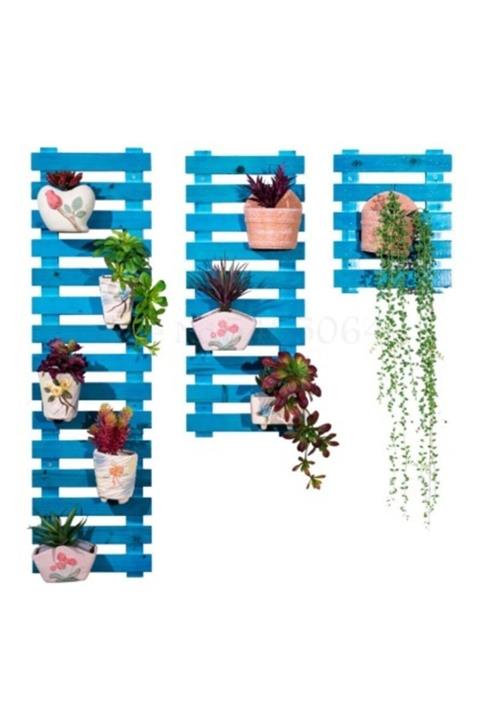 AHŞAP ATÖLYE Dembey Çiçeklik Saksılık Balkon Çiçeklik Retro Obje 3 Lü Set Mavi
