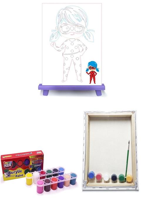GLANCE Mor Mini Şövale 25x35 Tuval Funny Kids Akrilik 25 Ml 12'li Renklerle Boyama Seti