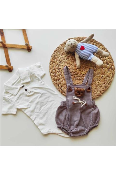 LaLaLandİZ Erkek Bebek 3 Boyutlu Ayı Baskılı Salopet Takım