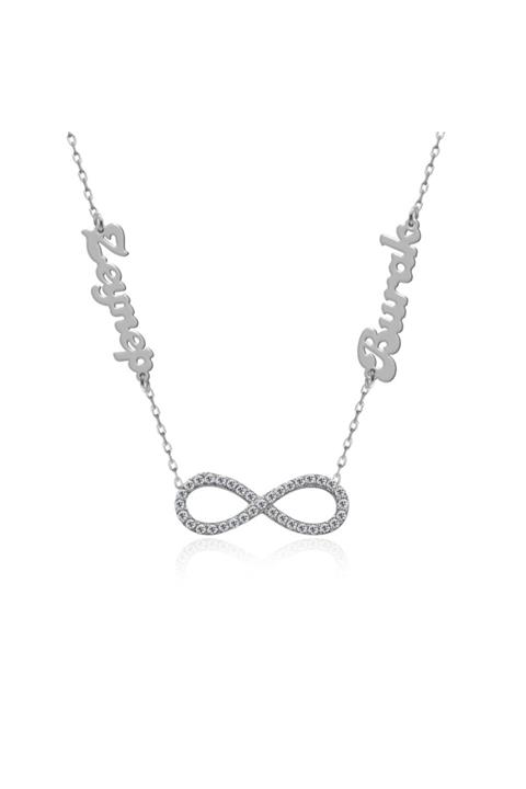 İNDİGO TAKI Iki Isimli Taşlı Sonsuzluk Gümüş Kolye