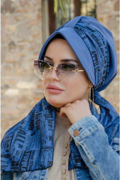 Aişe tesettür Mavi Siyah Şapkalı Bone