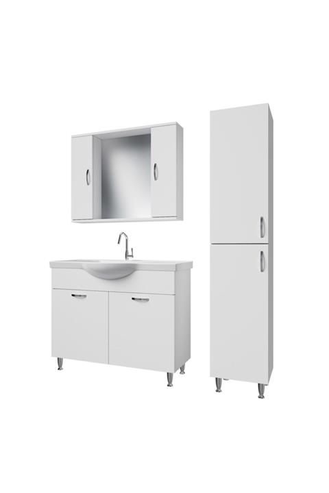 banos Kt1 Metal Ayaklı 2 Kapaklı Lavabolu Beyaz Mdf 100 Cm Banyo Dolabı Aynalı Üst Dolap Boy Dolabı