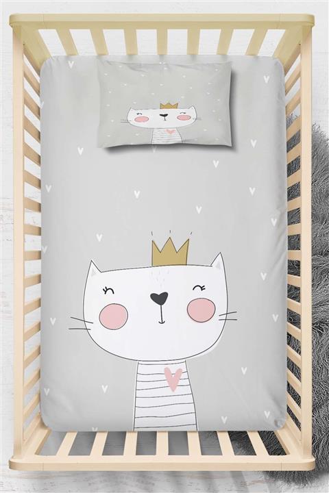 Else Halı Else Gri Beyaz Sevimli Kedili 3d Desenli Lastikli Bebek Çarşaf Takımı 70x140cm