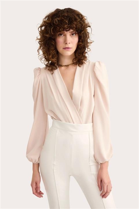 Sateen Kadın Kruvaze Vatkalı Bodysuit-bej