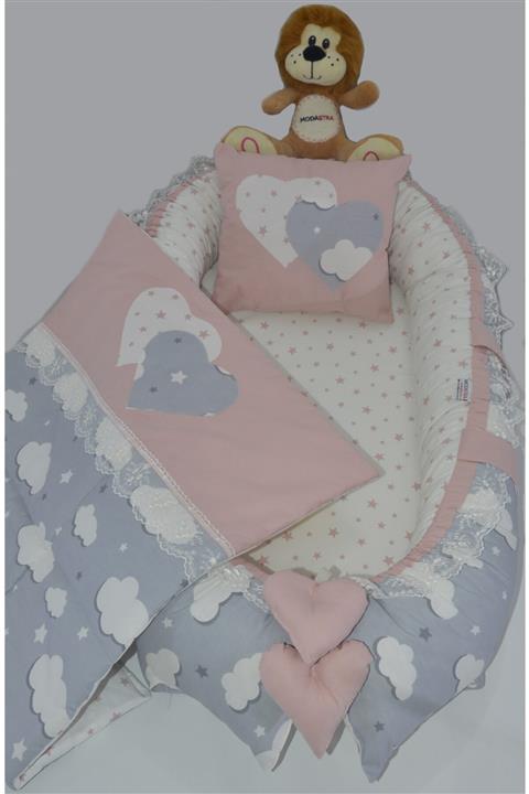 modastra Babynest Gri Bulut Ve Pudra Tasarım Pikeli Baby Nest Bebek Yuvası
