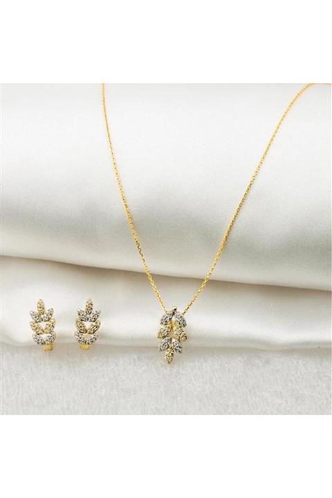 Label Yapraklı Taşlı Ikili 14 Ayar Altın Set