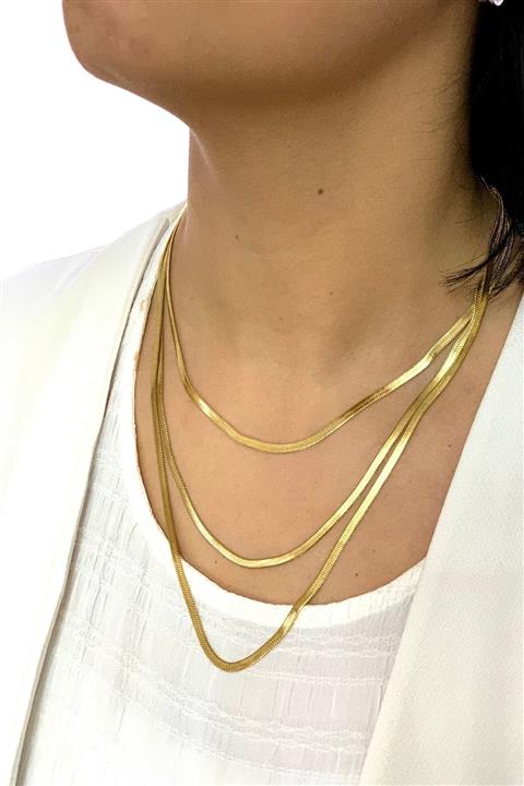 defnar takı Çelik Kolye Gold Renk 3 Lü Yassı Ezme Italyan Zincirli Kombin Kadın Çelik Kolye