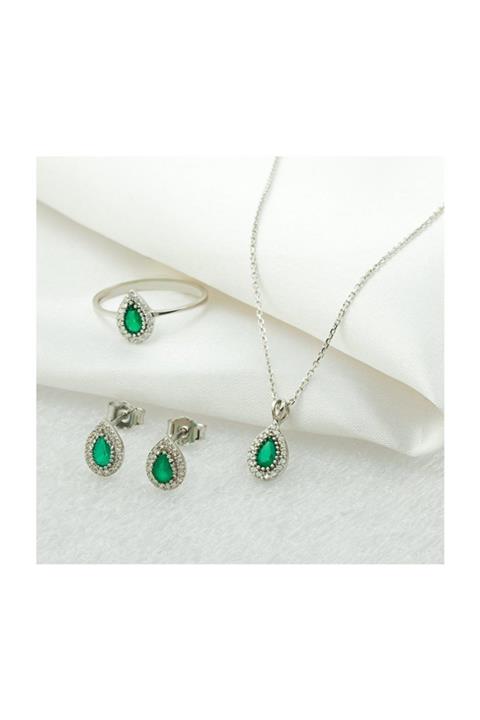 Label Yeşil Taşlı 14 Ayar Altın Zincirli Takı Seti