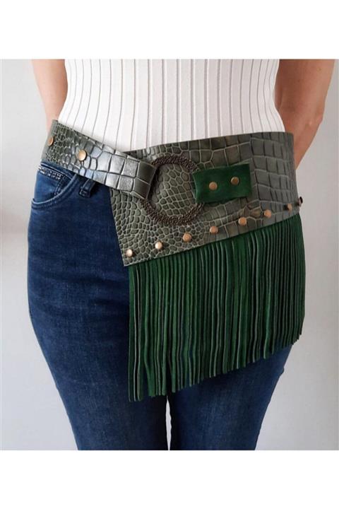 Lady Peony Kadın Yeşil Croko Deri Bohem Kemer