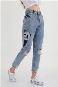 MD trend Kadın Mavi Yüksek Bel Panda Nakışlı Yırtıklı Mom Jean Kot Pantolon