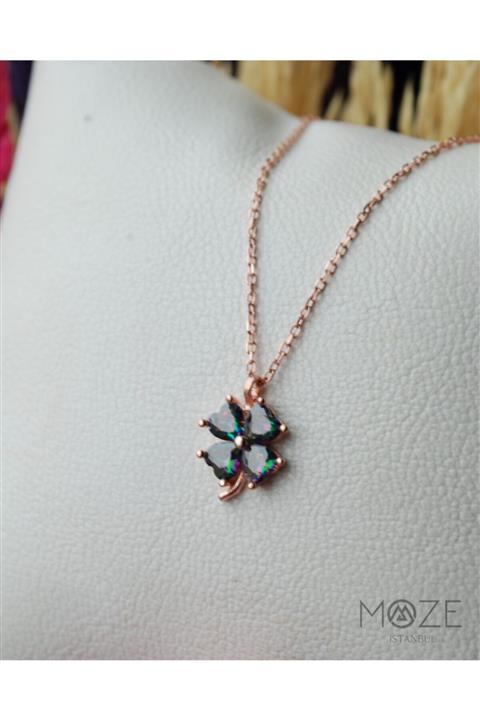 Moze 925 Ayar Gümüş Degrage Renk Zirkon Taşlı Yonca Rose Kolye Modeli