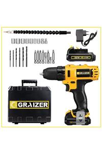 Graizer 32 Volt 5 Ah Çift Vites Darbeli Çift Akülü Şarjlı Vidalama Matkap + 24 Parça Set Sarı Ek